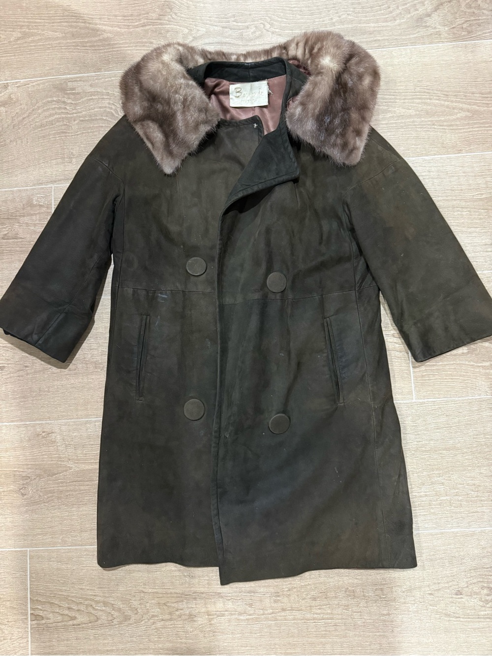 Vintage 1950’s Suede Leather Coat Genuine Mink Fur Collar Bernard’s